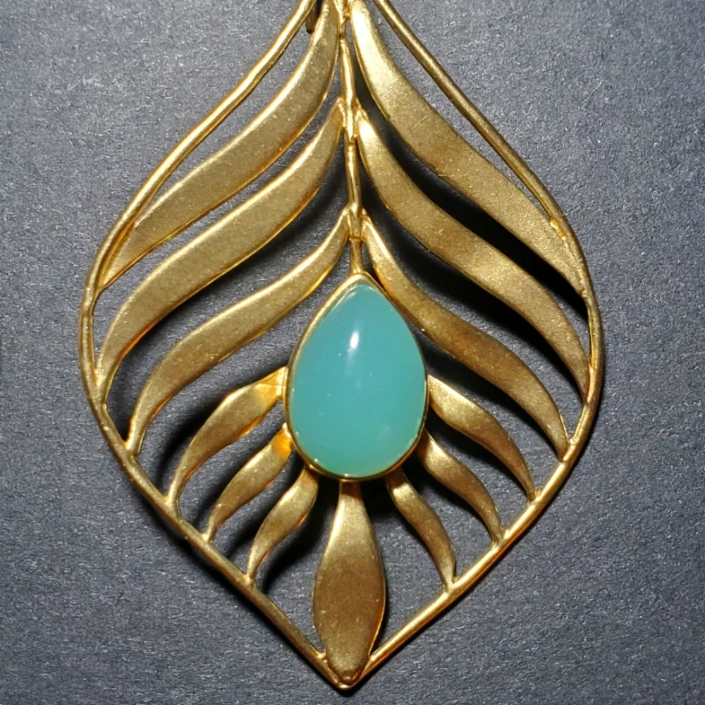 14K GOLD PLATED Handcrafted Leaf Shaped with Turquoise Glass Teardrop